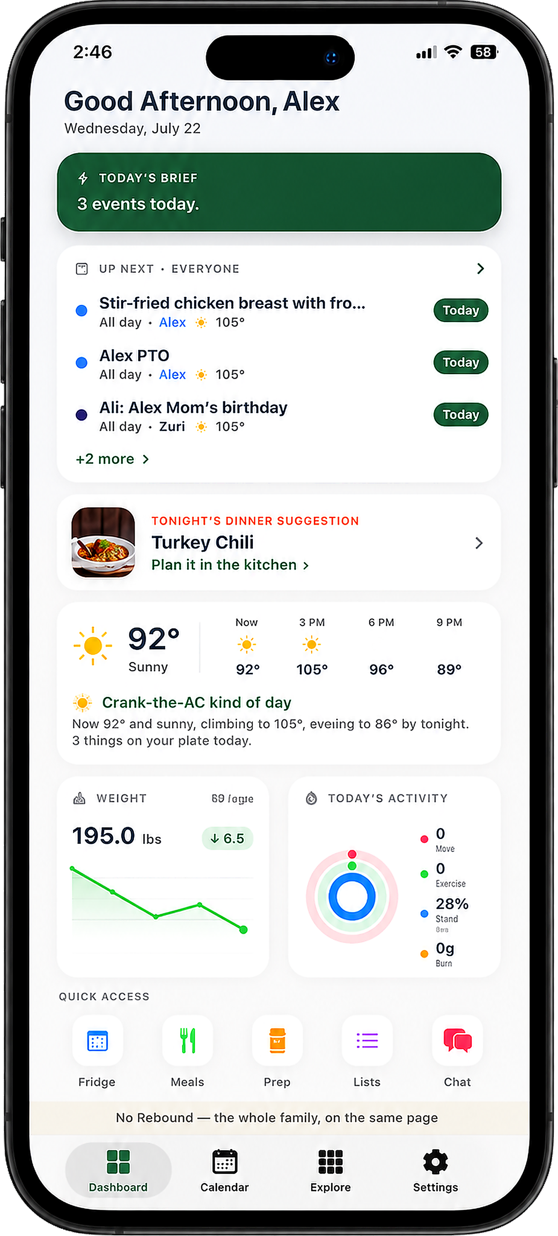 No Rebound dashboard on iPhone — today's brief, family schedule, dinner suggestion, weather, weight and activity